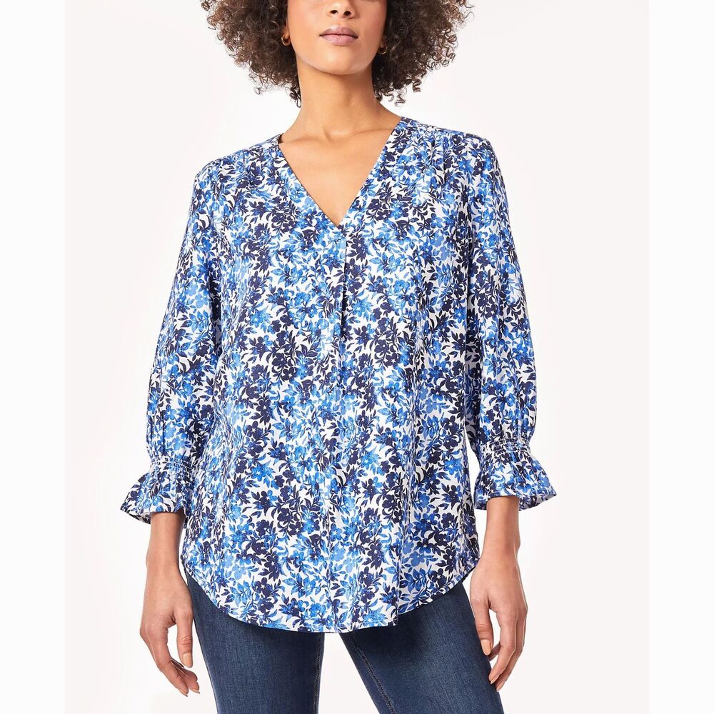 Jones New York PL Blue Floral Linen Viscose Blend Blouse Petite Lightweight Top
